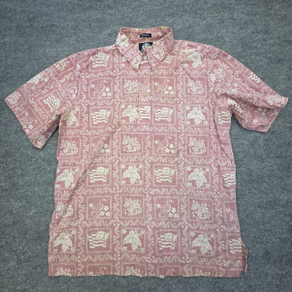 Vintage Reyn Spooner Hawaiian Shirt Men's Large CLASSIC FIT Pink Flag Birds